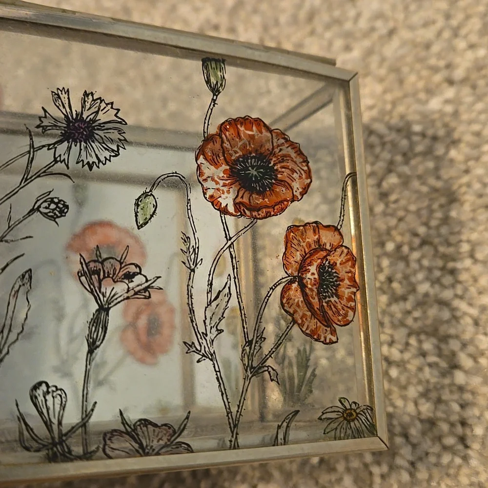 Vintage 1980s DML Stained Glass Mirror Trinket Box Flower Hand Design - Picture 4 of 4